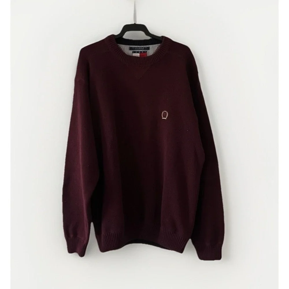 Tommy Hilfiger Sweater Mens Size M Burgundy Cotton  Long Sleeve VTG Y2K Preppy
